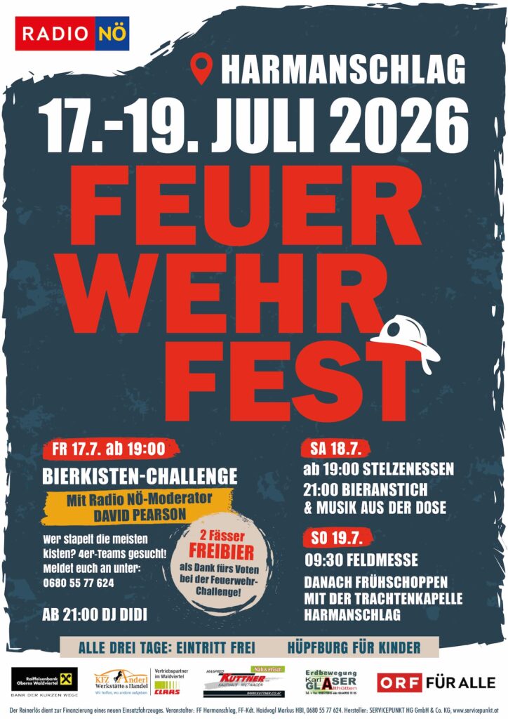 Plakat Feuerwehrfest Harmanschlag, 17. bis 19. Juli 2026, Feuerwehrhaus Harmanschlag